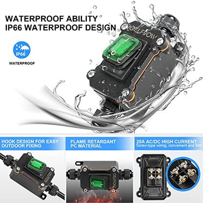 Waterproof On Off Toggle Switch Double Outlet with Green Light Rocker Button Inline Cord Switch DPST AC/DC 20A-125V,16A-250V,30A-24V,35A-12V, IP66 - color: Green/1 Switch/2 Outlet