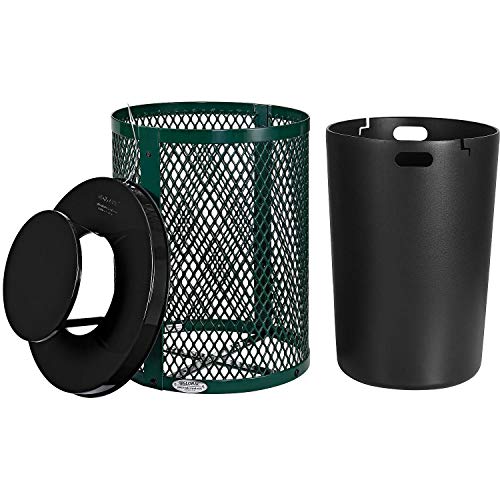 Global Industrial Outdoor Diamond Steel Trash Can with Rain Bonnet Lid and Plastic Liner, 36 Gallon Capacity, Green, Commercial Trash Can, 23-1/2" Diameter, 40-1/2"H - color: Green