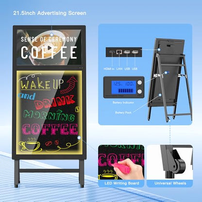 Portable A-Frame Rechargeable Digital Signage Kiosk with LED Message Writing Board, 8H Battery Powered USB Plug & Play Dual Screen, Foldable Advertising Display for Retail Stores, Restaurants