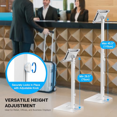 AboveTEK Security iPad Kiosk Floor Stand, Anti-Theft POS Tablet Stands for Retail Business, Height Adjustable Tablet Floor Stand, 360° Swivel Universal Locking Holder Fits 9.7"-13" iPads/iPad Pro/Air - color: White