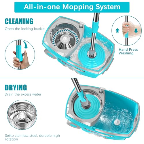 FunClean Large Spin Mop Bucket Set with Wringer, 2 Gal Capacity, Blue - size: Large - 6 Mop Heads - Blue