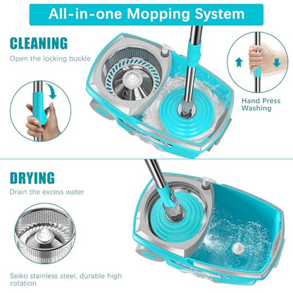 FunClean Large Spin Mop Bucket Set with Wringer, 2 Gal Capacity, Blue - size: Large - 6 Mop Heads - Blue