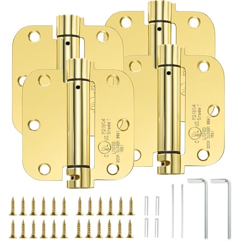 Sophia 4 Pack Self-Closing Door Hinge 3.5 Inch Rounded 5/8 Radius, Spring Loaded Hinges Adjustable Tension, Automatic Door Closer Hinge for Interior Exterior Residential Standard Indoor Doors, Gold - color: Polished Brass, size: 4 Pack