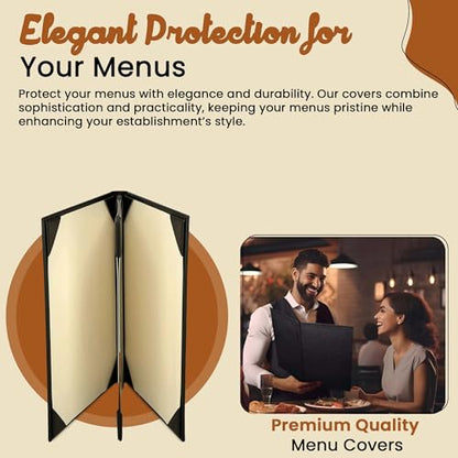Prestine Menu Covers Made of Premium Faux Leather (10-Pack) - 8.5" x 11" - 4 Views - Black - Restaurant Menu - Wine List - Bar Menu - size: 8.5”x11” - 4 Views