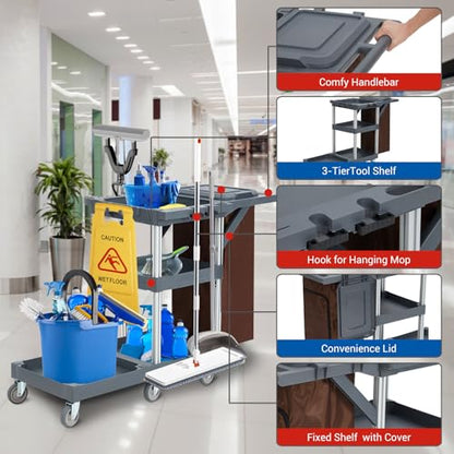 Commercial Traditional Janitorial 3-Shelf Cleaning Cart, Janitorial Carts on Wheels with Cover and Vinyl Bag, Custodial Cart, Housekeeping Carts for Hotels, Stores, Schools, and Business