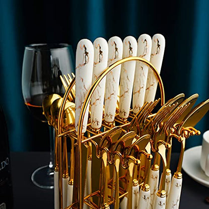24-Piece Gilded Stainless Steel Flatware Set,Kitchen Utensil Tableware Cutlery Set Service for 6, Steak Cutlery Set for Home and Restaurant (White)… - color: White