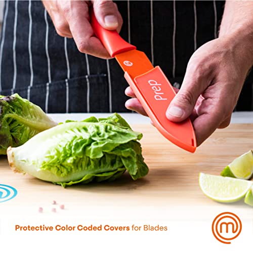 MasterChef Kitchen Knives Set with Covers incl. Paring, Boning, Carving, Bread, Santoku & Chef Knife, Sharp Cutting Stainless Steel Blades with Sheaths, 12 Piece (6 Colored Knives & 6 Covers) - color: Vivid (with Captions), style: Knives with Covers
