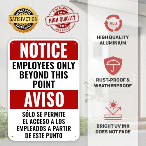 2PC Employees Only Beyond This Point Sign Bilingual, 10 x 7 Inches - Aluminum - No Customers Allowed In Work Area Staff Only Sign For Door - color: Employees Only Beyond This Point Bilingual Sign