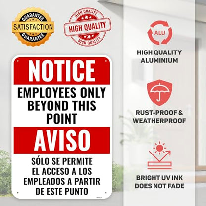 2PC Employees Only Beyond This Point Sign Bilingual, 10 x 7 Inches - Aluminum - No Customers Allowed In Work Area Staff Only Sign For Door - color: Employees Only Beyond This Point Bilingual Sign