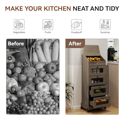 ARTETHYS Potato Storage Bin 5-Tier Rolling White Bread Box with Side Rack - color: Gray