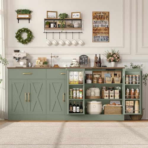 HOSTACK 71" W Kitchen Buffet Cabinet with Storage, Large Coffee Bar Cabinet - color: Sage Green