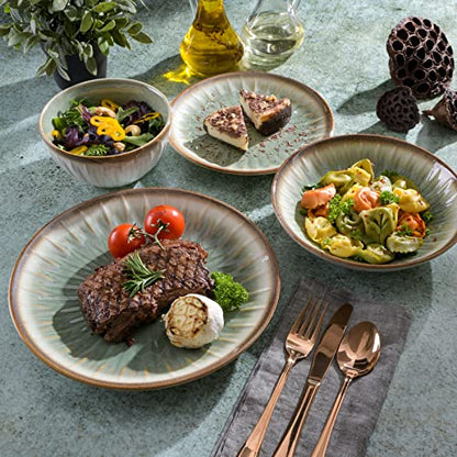 Gibson Elite Mayfair Bay 16-Piece Embossed Double Bowl Dinnerware Set, Service for 4 – Green Stoneware Plates and Bowls - color: Light Green (Mayfair Bay)