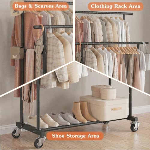 Calmootey Rolling Garment Rack, Sturdy Clothes Organizer for Bedroom - color: Black, style: Double Rods