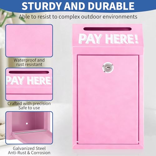 Cash Money Box with Slot – 10.2In Metal Donation Box with Lock for Cash Deposit,Wall Mounted Money Drop with Lock and Slot for Home/Farm/Office/Outdoors (Pink) - color: Pink