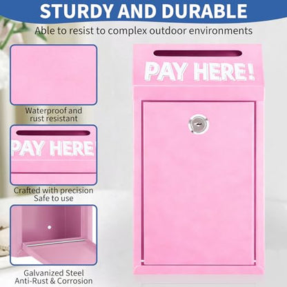 Cash Money Box with Slot – 10.2In Metal Donation Box with Lock for Cash Deposit,Wall Mounted Money Drop with Lock and Slot for Home/Farm/Office/Outdoors (Pink) - color: Pink
