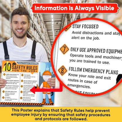 10 Safety Rules on the Job Poster 2026 – 18x24 Durable Laminated Business Safety First Poster Sign, Tear-Resistant, Waterproof Workplace Safety & Industrial Safety Poster for Construction (Pack of 1)
