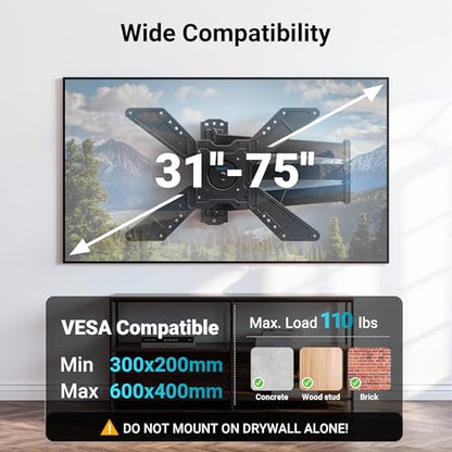 BONTEC Full Motion Corner TV Wall Mount for 31–75 Inch TVs, 33" Long Arm - size: for 31-75 Inch