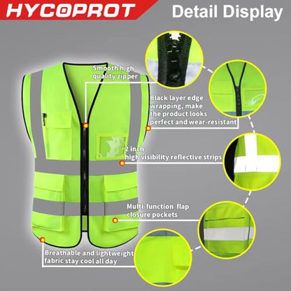 HYCOPROT High Visibility Safety Reflective Vest with Pockets and Zipper, Meets ANSI/ISEA Standards - color: Yellow, size: XX-Large