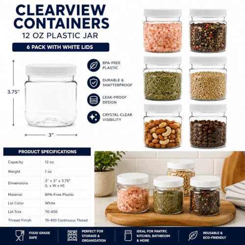 6 Pack - 12 oz (1.5 Cup) Plastic Storage Jars with 70-450 Leak Proof White Lid, Food Grade, BPA Free, Hand Wash Only (12oz, 6pk) - size: 12oz, 6PK White