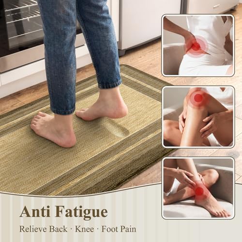 KIMODE Anti Fatigue Kitchen Mats for Floor,Farmhouse Kitchen Rugs Sets of 2 - color: Brown/Khaki, size: 17.3" x 47 "+ 17.3" x 29 "--0.47 inches