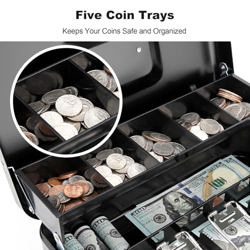 Cash Box with Combination Lock & Foam Auto-Pop Coin Tray – Secure Steel Money Box with 4 Upgraded Finger-Safe Bill Clips, Premium Smooth Scratch-Resistant Coating, 11.8", Combo Black - color: Combo Black