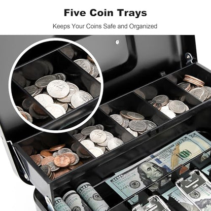 Cash Box with Combination Lock & Foam Auto-Pop Coin Tray – Secure Steel Money Box with 4 Upgraded Finger-Safe Bill Clips, Premium Smooth Scratch-Resistant Coating, 11.8", Combo Black - color: Combo Black