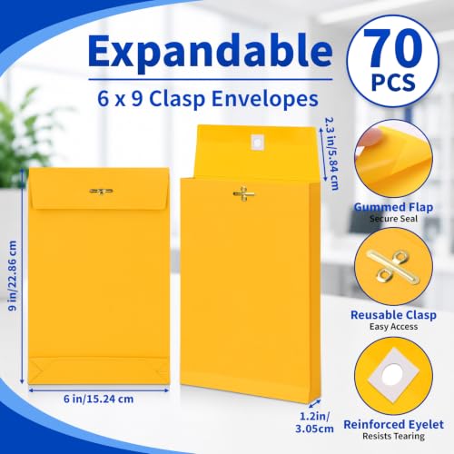 70 Pack 6x9 In Expanding Manila Envelopes with Reusable Clasp and Gummed Seal 180 GSM Heavyweight 1.2'' Expansion Small Yellow Envelope Folders for Home Office Business Mailing Storage Organizing - size: 70pcs-6x9in