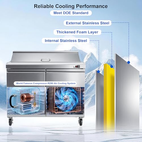 48’’ W Commercial Refrigerator Sandwich Salad Prep Table Refrigerators 2 Door with 18 Pans, Prep Station Fridge for Restaurant, Bars, Shops