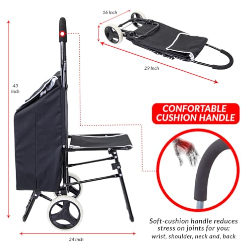 dbest Products Trolley Dolly Sport with Chair – Foldable Grocery Cart on Wheels – Multi Use Rolling Cart with Built-in Seat, Removable Bag, and Hand Truck Dolly Function, Black - size: Sport With Seat