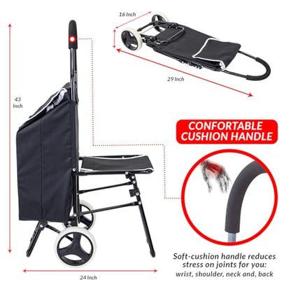 dbest Products Trolley Dolly Sport with Chair – Foldable Grocery Cart on Wheels – Multi Use Rolling Cart with Built-in Seat, Removable Bag, and Hand Truck Dolly Function, Black - size: Sport With Seat