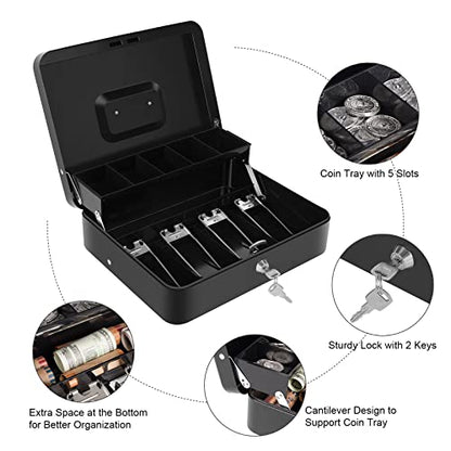 Sumerfnt Cash Box with Money Tray and Lock Money Box for Cash, Metal Locking Cash Box - 11.8" x 9.4" x 3.54" Black - color: Black