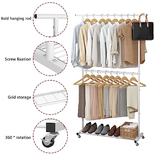 Sywhitta Double Rod Metal Clothing Rack on Wheels with Bottom Mesh,White - color: White, size: With mesh