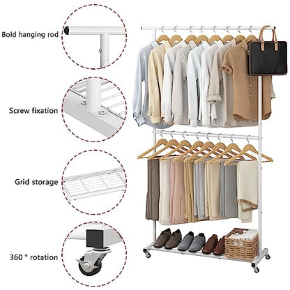 Sywhitta Double Rod Metal Clothing Rack on Wheels with Bottom Mesh,White - color: White, size: With mesh