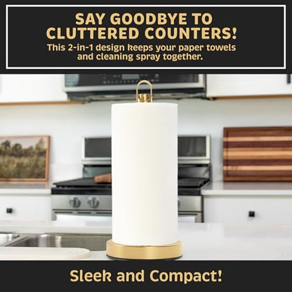 Stainless Steel Paper Towel Holder with Spray Pump – One-Handed Tear, Smart Traction System with Heavy Duty Suction Cups (Gold, Spray Pump) - color: Gold