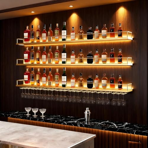 Metal Wall Mounted Wine Rack with LED Light, 3 Tiers Liquor Bottles Floating Shelves with Glass Holder, Wine Shelf Industrial Bar Shelves for Home Bar Dining (Gold, 120cm/47.2in) - color: Gold, size: 120cm/47.2in