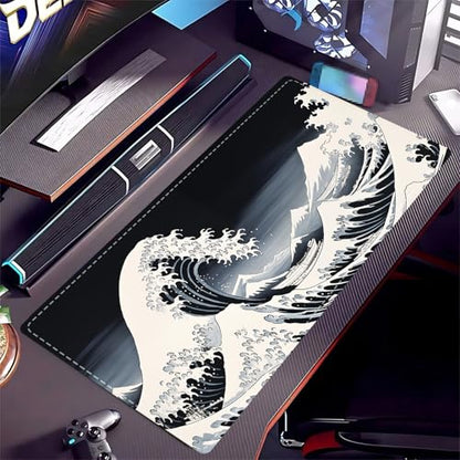 Mouse Pad Desk Mat,XXL Extended Gaming Mouse Pad Desk Pad,35.7x15.7in Large Mousepad Thicken to 3mm Non-Slip Rubber Base Mousepad with Stitched Edges,Japanese Sea Wave Desks Mat for Keyboard Mouses - color: raging waves