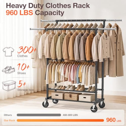 Heavy Duty Clothes Rack Load 960LBS, Adjustable Three Rods Rolling Garment Rack with Double-Layer Bottom Shelf, Portable Commercial Clothing Rack for Hanging Clothes with Wheels, Black - color: Black