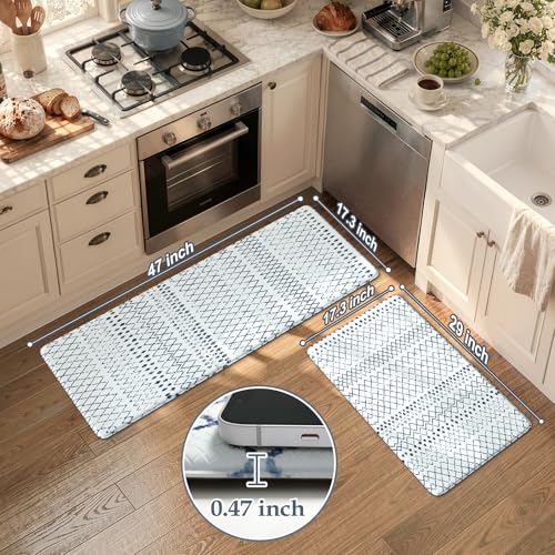 KIMODE Kitchen Mats 2PCS Cushioned Anti Fatigue Boho Kitchen Rugs and Mats - color: Light Blue Diamond, size: 17.3" x 47 "+ 17.3" x 29 "--0.47 inches