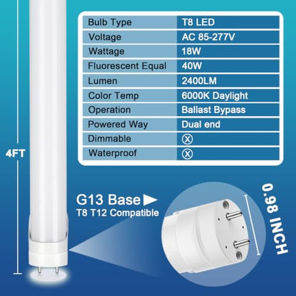 2 Pack T8 LED Bulbs 4 Foot, 18W 2400LM, 6000K, Ballast Bypass