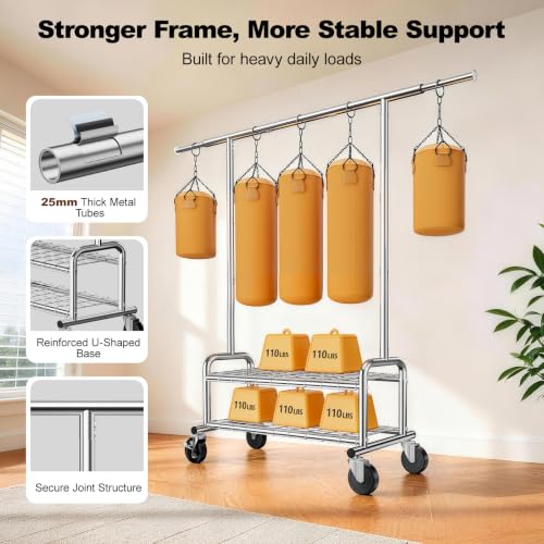 Clothes Rack Heavy Duty, 550 LBS Rolling Clothing Rack with Wheels, Silver - color: Silver