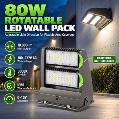 80W Rotatable LED Wall Pack Light, 10800LM 5000K, 100-277V, 0-10V Dimmable - color: 80W