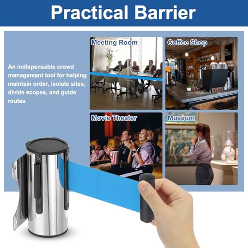 MECCANIXITY Wall Mount Retractable Belt Barrier 6.56ft Crowd Control Belts - color: Silver/Light Blue, size: 6.56 ft
