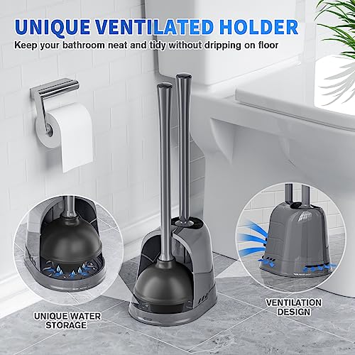 LOVLOY Toilet Plunger and Brush, Bowl Brush and Heavy Duty Toilet Plunger Set with Ventilated Holder, 2-in-1 Toilet Brush and Plunger Combo for 5.3-inch Toilet Drain Bathroom Cleaning (White) - color: Gray