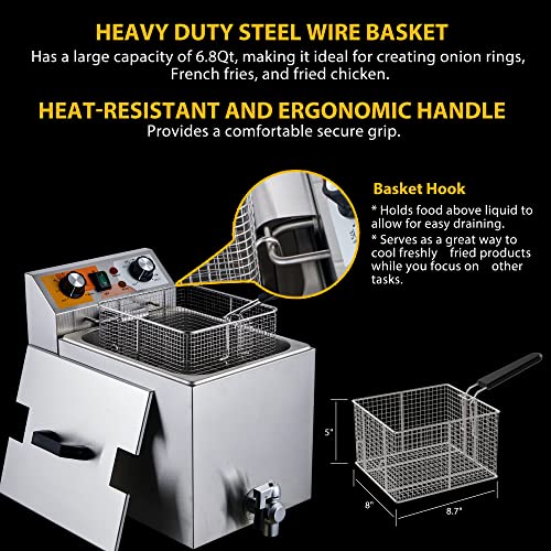 Festa Essential 14 Qt. Electric Countertop Commercial Deep Fryer with 6.8 Qt. Basket, for Restaurant and Home - 120V, 1700W, Stainless Steel Build