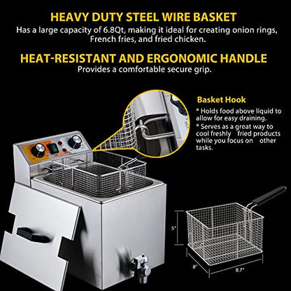 Festa Essential 14 Qt. Electric Countertop Commercial Deep Fryer with 6.8 Qt. Basket, for Restaurant and Home - 120V, 1700W, Stainless Steel Build