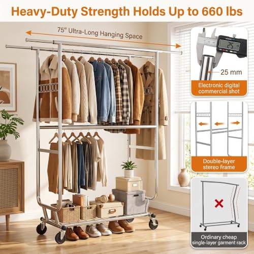 Heavy Duty Clothes Rack with Wheels, Garment Rack Load 660 LBS, Rolling Clothes Rack for Hanging Clothes, Height Adjustable& Scalable& Foldable, for home or commercial, 75"x 22"x 73", Silver - color: 4 Rods& Silver