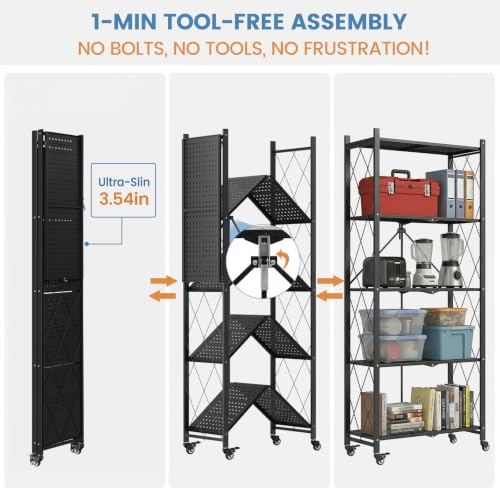 ALANNG 70.7" H Metal Storage Shelves, 5 Tier Folding Shelf on Wheels - color: Black