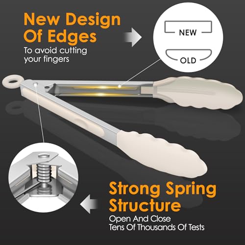 HOTEC Stainless Steel Kitchen Tongs with Silicone Tips, Set of 2-9" and 12" - color: Khaki:12+9inch