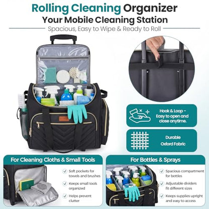 INSMEER Cleaning Caddy with Wheels,3 Removable Clear Bag and 1 Shoulder Bag