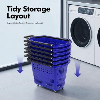 6 PCS Rolling Shopping Basket, 9 Gal Plastic Shopping Carts (Blue) - color: Blue